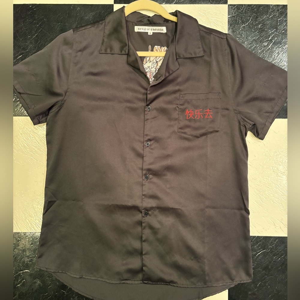 SILK BLACK BUTTON DOWN WITH RED EMBROIDERY